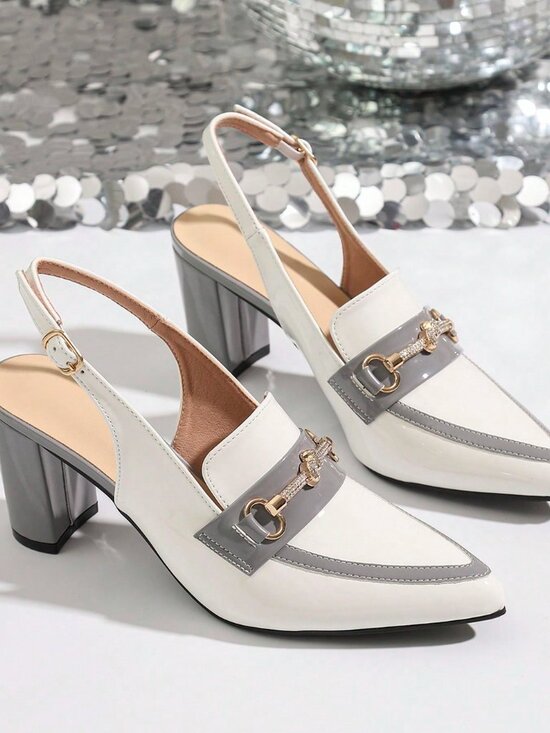 Grey Casual Chunky Heel Women's Pointed Toe Ankle Strap Sandals with Buckle - Picture 6 of 9